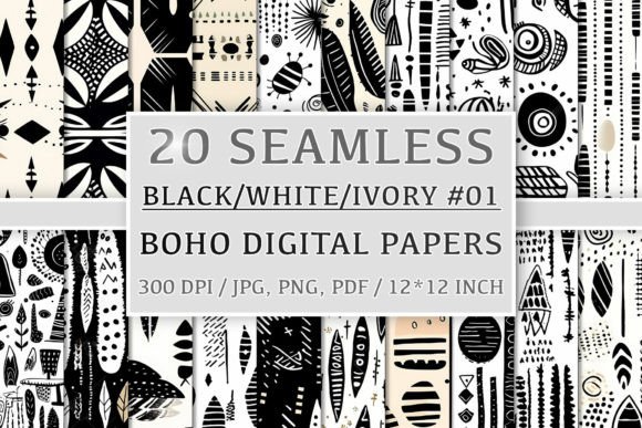 Download 20 Seamless Black White Ivory Boho Set 1 - Ivory boho Collection