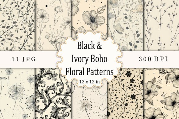 Download Black &amp; Ivory Boho Floral Patterns - Ivory boho Collection