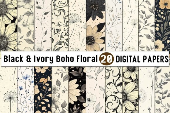 Download Black &amp; Ivory Boho Floral Digital Paper - Ivory boho Collection
