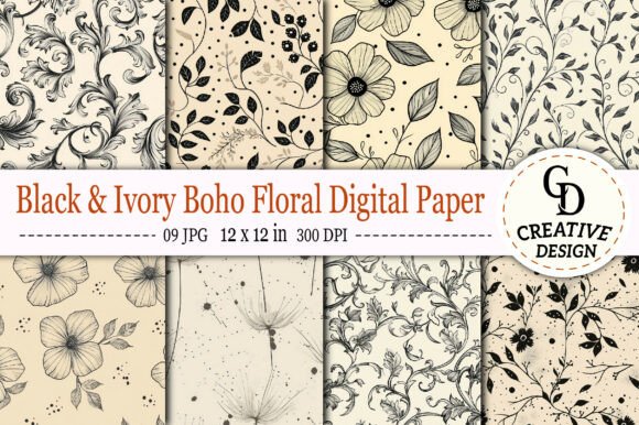 Download Black &amp; Ivory Boho Floral Digital Paper - Ivory boho Collection